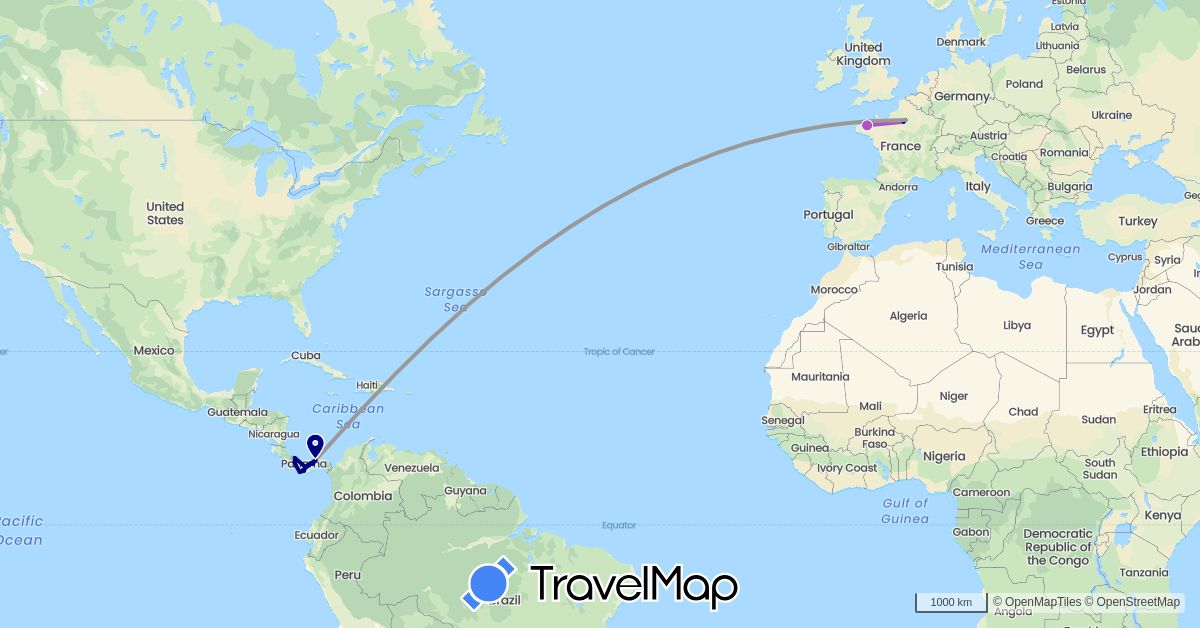 TravelMap itinerary: driving, plane, train in France, Panama (Europe, North America)